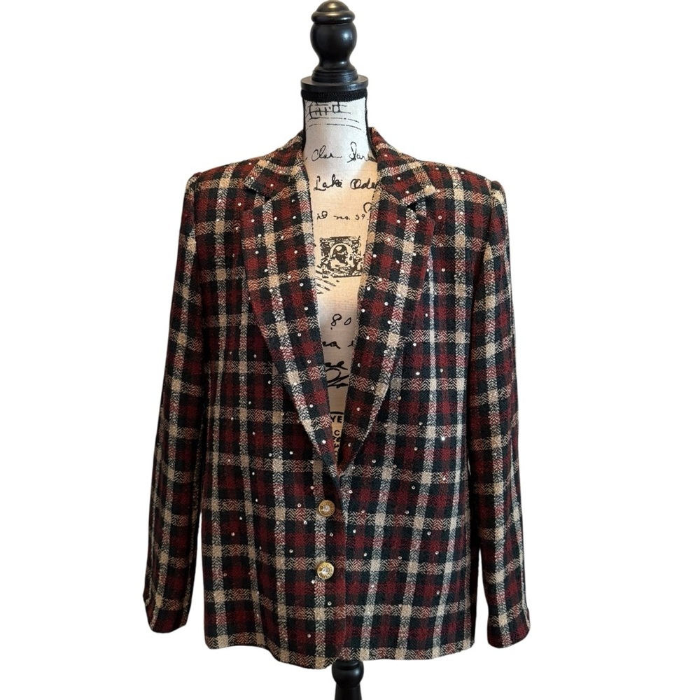 Vintage 80’s Criscione New York Blazer Jacket Plaid Red Green Size Large Bling